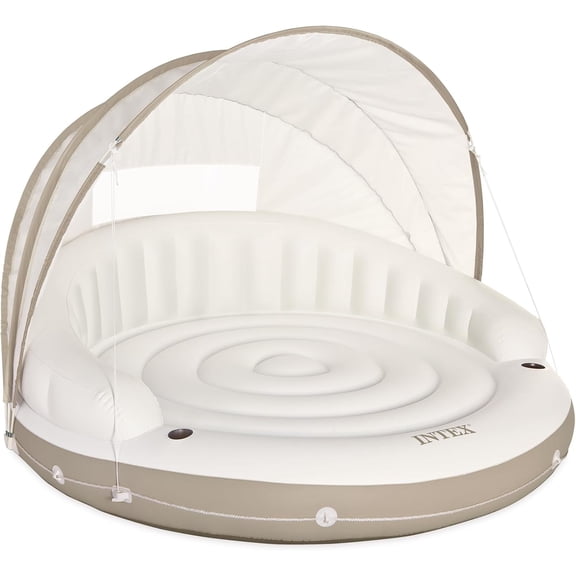GlowPlume 58292EP Canopy Island Inflatable Pool Float: Comfortable Lounge Surface Built-in Cup Holders Detachable Sunshade 440lb Max Weight Capacity 78.5" x 59"
