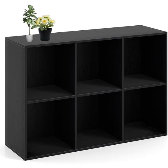 GlowPlume 6-Cube Bookshelf, 3-Tier Wooden Cubby Bookshelf, Modern Horizontal & Vertical Display Shelf w/Anti-toppling Kit, Freestanding Cubic Storage Organizer for Study, Bedroom (Black)