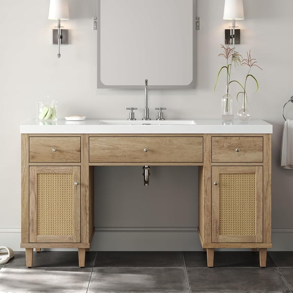 GlowPlume 60 Inch Bathroom Vanity Single Sink, Soft Closing Doors and Tip-Out Drawers, Solid Wood Frame & MDF Modern Wood Bathroom Sink Cabinet, Freestanding Solid Wood Legs,