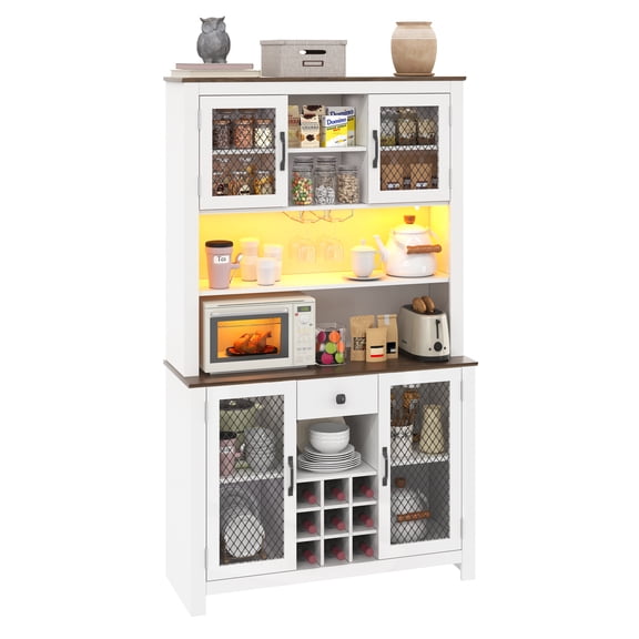 GlowPlume 70.9" Tall Kitchen Pantry Storage Cabinet with Charging Station and LED Lights, Rustic Kitchen Hutch Food Pantries with Wine Rack, Drawer & Adjustable Shelves for Dining Room, White
