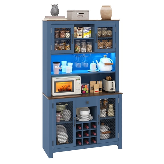 GlowPlume 70.9" Tall Kitchen Pantry Storage Cabinet with Charging Station and LED Lights, Rustic Kitchen Hutch Food Pantries with Wine Rack, Drawer & Adjustable Shelves for Dining Room, Navy Blue