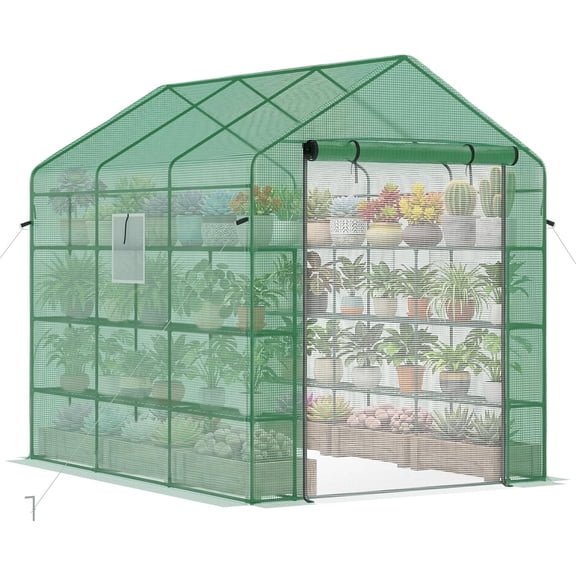 GlowPlume 8' x 6' x 7' Walk-in Greenhouse, PE Cover, 4-Tier Shelves, Steel Frame Hot House, Roll-Up Zipper Door for Flowers, Vegetables, Saplings, Tropical Plants, Green