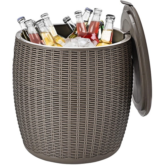 GlowPlume 9.5 Gallon Ice Cooler, Wicker Round Ice Chest, Outdoor Beer Wine Ice Bucket, Top Lid Side Handles Drainage Plug, Weather-resistant Patio Cool Bar Table for Cocktail Party Poolside Deck