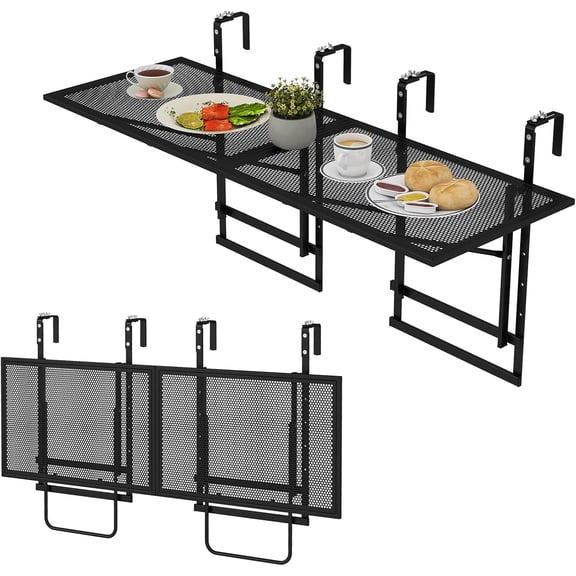 GlowPlume Balcony Railing Table, 48" Outdoor Space-Saving Folding Hanging Table with 5-Level Adjustable Height, Metal Frame, Fits Railings Up to 1.5"-3.5" Thick for Patio, Porch, Deck