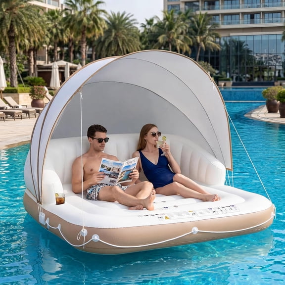 GlowPlume Canopy Island Inflatable Lounge, Floating Island Raft w/SPF50+ Retractable Detachable Sunshade, Inflatable Pool Float Canopy w/2 Cup Holders Backrest Armrest for Pool Lake River