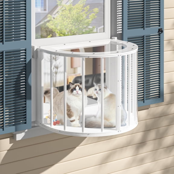 GlowPlume Cat Window Box, Semicircular Adjustable Cat Window Perch, Wooden Window Catio Fits Vertical Window Frames 26" to 42" Wide, Sunbathing, Napping & Overlooking