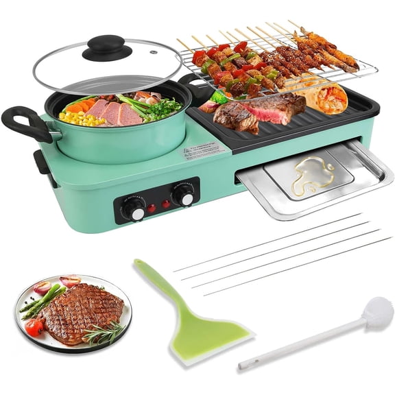 GlowPlume Electric Hot Pot with Grill,1600W 3-in-1 Smokeless Raclette Table Grill for Kitchen, Barbecue Shabu Hot Pot with Non-Stick Cooking Removable Plate,Dual Temperature Control & Dishwasher Safe