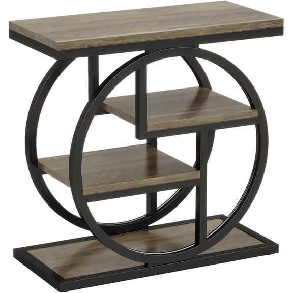 GlowPlume End Table for Living Room, 4-Tier Narrow Side Table with Storage Shelves, Industrial Bedside Table for Bedroom, Wood Small Sofa Side Table with Geometric Metal Frame (1 PC, Grey)