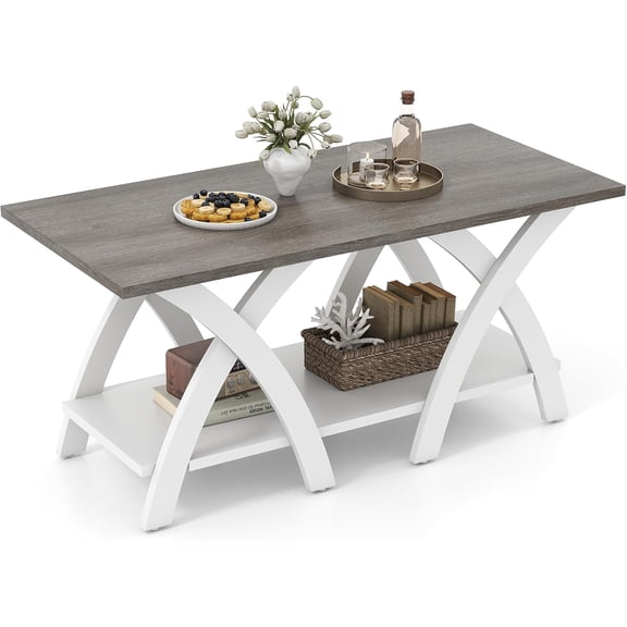 GlowPlume Farmhouse Coffee Table, 2-Tier Wood Center Table with Storage Shelf & X-Shaped Support Legs, 40 Inch Rectangular Living Room Table with Open Display Area for Small Space (Grey Oak&White)
