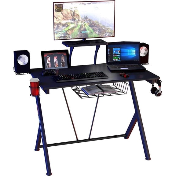 GlowPlume Gaming Desk, E-Sport Gaming Workstation, Multifunctional Computer Desk Gamer Desk, PC Desk with Headset Hook, Cup Holder