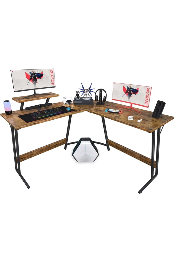 L Shaped Gaming Desk Computer Corner Desk PC Gaming Desk Table with Large Monitor Riser Stand for Home Office Sturdy Writing Workstation, Classical Brown, 51 Inch