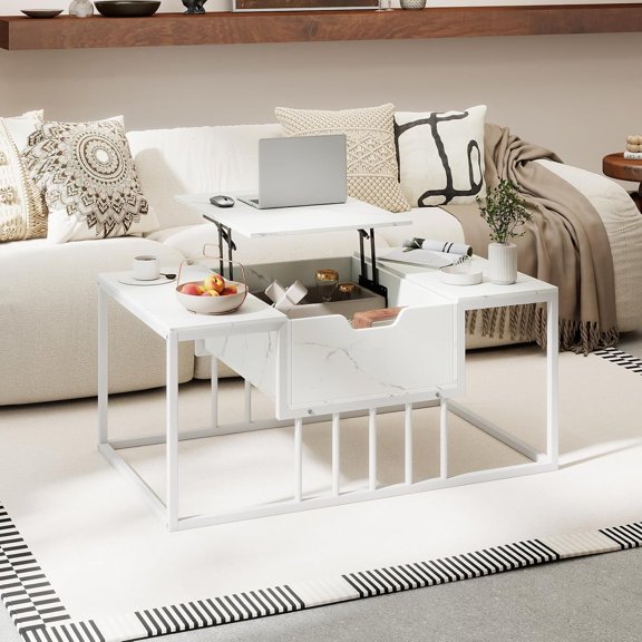 GlowPlume Lift Top Coffee Table, Modern Center Table with Hidden Storage Compartment, Flip Top Work Table with Heavy Duty Metal Frame, Accent Living Room Tables for Reception, Office (White)