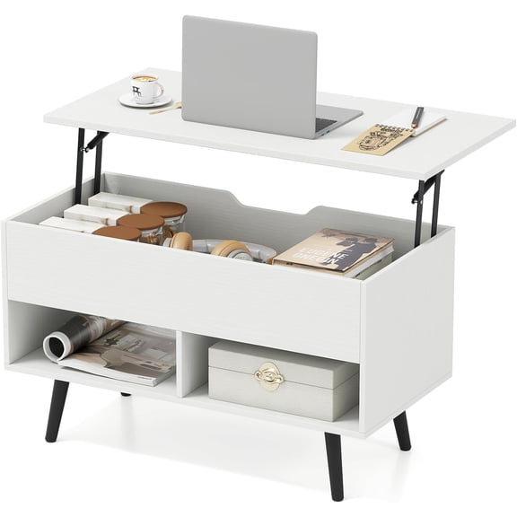 GlowPlume Lift Top Coffee Table, Modern Cocktail Table with Hidden Compartment & 2 Open Shelves, Flip Top Center Table, Wooden Pull up Coffee Table for Living Room, Reception Room, Office (White)