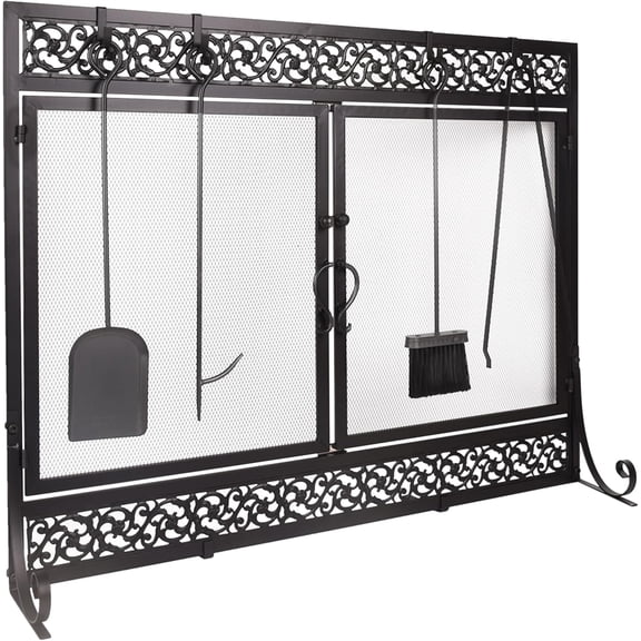 GlowPlume Metal Fireplace Screen Scrollwork Black, 39 x 31 Inch Fireplace Screen,Two-Doors Large Flat Guard Screens,Baby Safe Spark Guard Protector Wood Burning Stove Decorative Accessories.