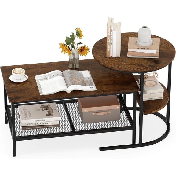 GlowPlume Nesting Coffee Table Set of 2, 2 PCS Nesting Tables with Wood Top and Extra Storage Shelf, Modern Round End Table & Rectangular Coffee Tables for Living Room, Bedroom, Rustic Brown+Black