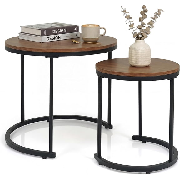 GlowPlume Nesting Coffee Tables Set of 2, Stacking Round Center Table with Wooden Tabletop & Powder Coated Steel Frame, Living Room Coffee End Table Set for Apartment, Bedroom (Brown & Black)