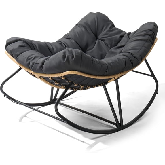 GlowPlume Outdoor Indoor Papasan Rocking Chair, Oversized Papasan Rocker with Cushion, Patio Wicker Comfy Egg Chair for Backyard Bedroom Living Room Lounge Reading (Dark Grey)