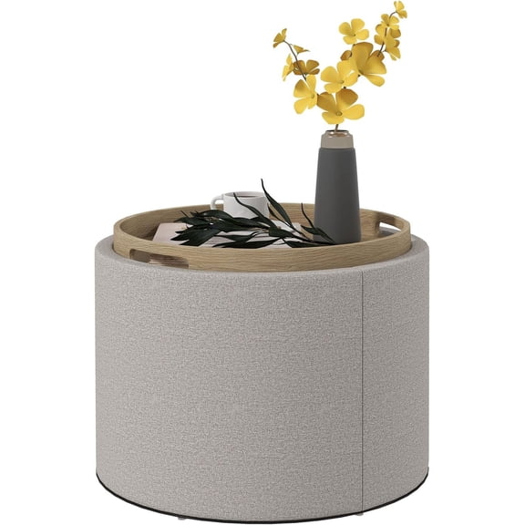 GlowPlume Round Storage Ottoman with Flip Top Tray, Upholstered Fabric Footstool, Small Coffee Table with Hidden Compartment, Accent Vanity Stool for Living Room, Light Gray