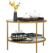 GlowPlume Side Table with Storage, 26" Round End Table, 2-Tier Tempered Glass Coffee Table with Steel Frame for Living Room, Gold