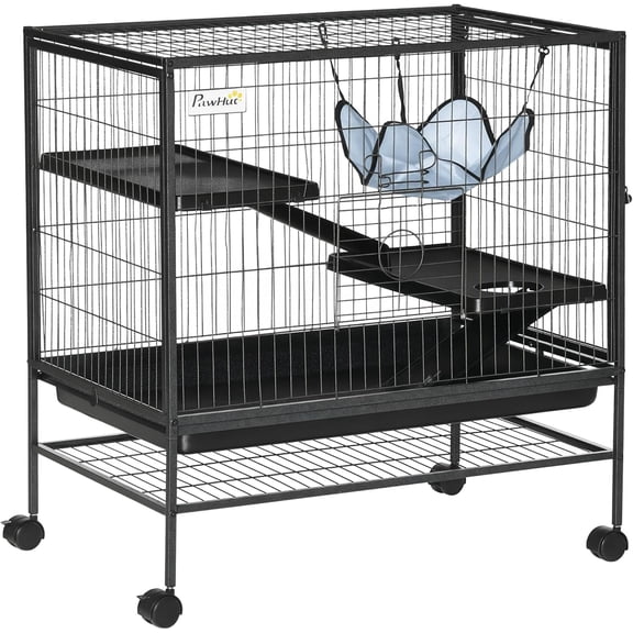 GlowPlume Small Animal Cage with Wheels, Pet Playpen for Syrian Hamster, Cat, Ferrets, Chinchillas with Bottom Storage Shelf, Removable Tray, Ramp, 31.5" x 20.5" x 33.1"
