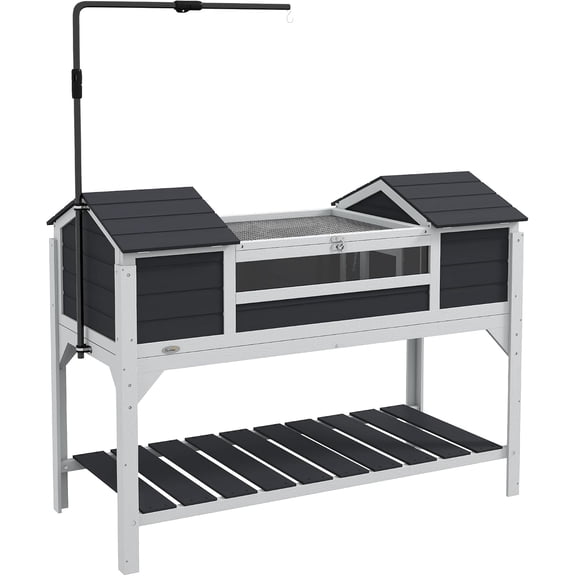 GlowPlume Tortoise Habitat with Adjustable Lamp Holder, Wooden Tortoise Enclosure with Storage Shelf, Dual Main Houses, Attached Tray, Openable Lid, Gray