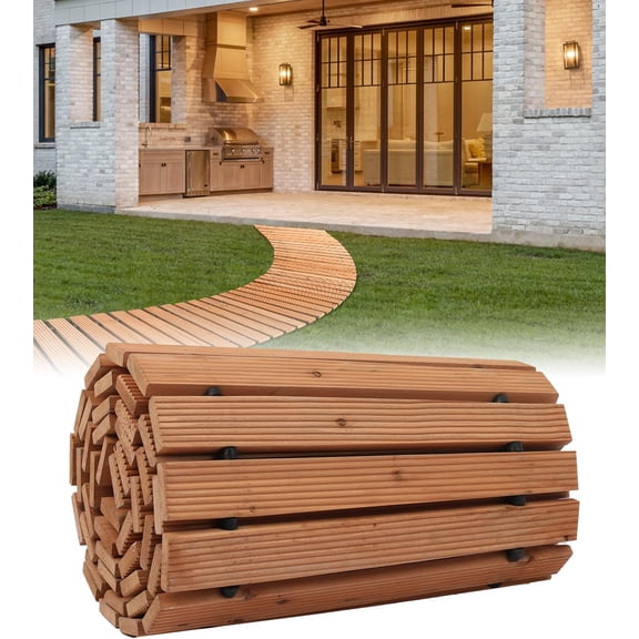 GlowPlume Wooden Garden Pathway, Roll Out Cedar Outdoor Walkway 8 ft x 17 in, Non-Slip Curved Garden Walkway, Beach Wood Road Floor,Decorative Lawn Paver for Backyard Boardwalk Wedding Party