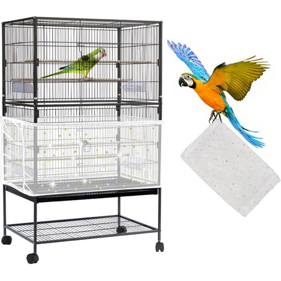 Large Bird Cage Cover, Bird Cage Seed Catcher, Adjustable Soft Airy Nylon Mesh Net, Birdcage Cover Skirt Seed Guard for Parrot Parakeet Macaw African Round Square Cages (Black)