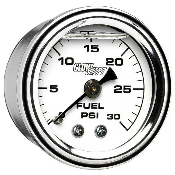 GlowShift | 1-1/2 (38mm) 30 PSI Liquid Filled White Mechanical Fuel Pressure Gauge for Cars and Trucks