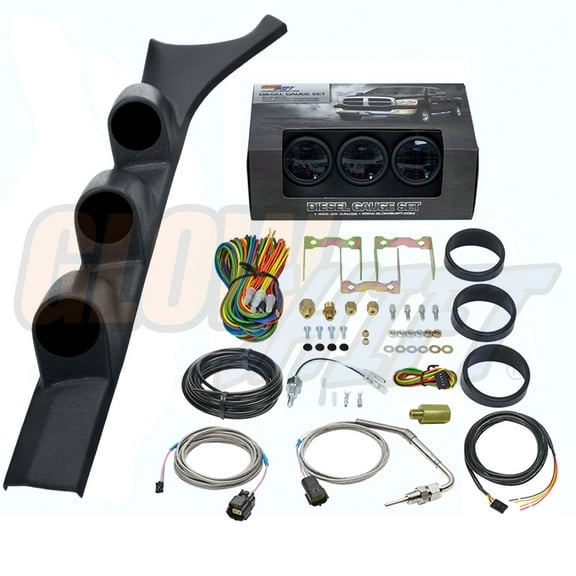 GlowShift | 1986-1993 Dodge Ram 12 Valve Cummins Black Triple Gauge Pillar Pod with Tinted 7 Color Series 60 PSI Boost Gauge, 1500F Pyrometer EGT Gauge & Transmission Temperature Gauge