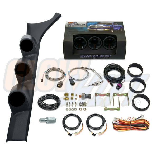 GlowShift | 1986-1993 Dodge Ram 12 Valve Cummins Black Triple Gauge Pillar Pod with Tinted 7 Color Series 60 PSI Boost Gauge, 1500F Pyrometer EGT Gauge & 30 PSI Fuel Pressure Gauge