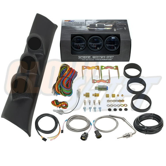 GlowShift | 2nd Gen 1994-1997 Dodge Ram 5.9 Cummins Black Triple Pillar Pod with Tinted 7 Color Series 60 PSI Boost Gauge, 1500 Pyrometer EGT Gauge & Trans Temp Gauge