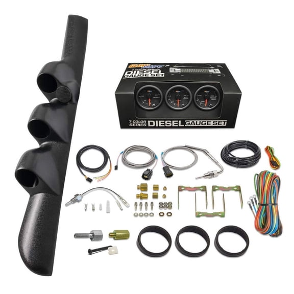 GlowShift | 1998-2002 2nd Dodge Ram 5.9 Cummins Triple Pillar Pod with Black 7 Color Series 60 PSI Boost Gauge, 2400 Pyrometer Exhaust Gas Temperature Gauge & Trans Temp Gauge