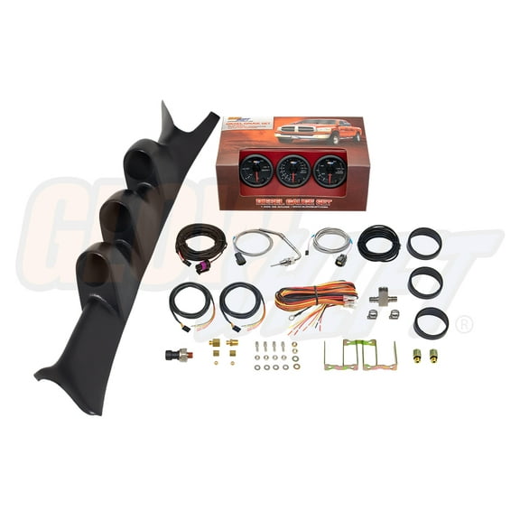 GlowShift | 1999-2007 Ford Super Duty 6.0 Powerstroke & 7.3 Powerstroke Black Triple Pillar Pod with Black 7 Color Series 60 PSI Boost Gauge, 1500 Pyrometer EGT Gauge & 100 PSI Fuel Pressure Gauge