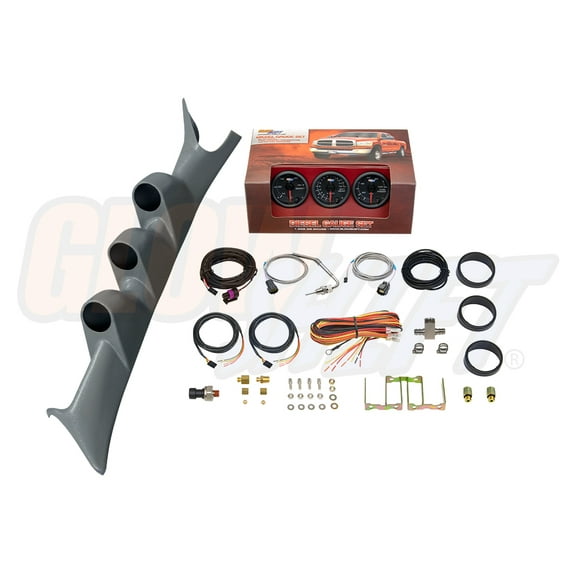 GlowShift | 1999-2007 Ford Super Duty 6.0 Powerstroke & 7.3 Powerstroke Gray Triple Pillar Pod with Black 7 Color Series 60 PSI Boost Gauge, 1500 Pyrometer EGT Gauge & 100 PSI Fuel Pressure Gauge