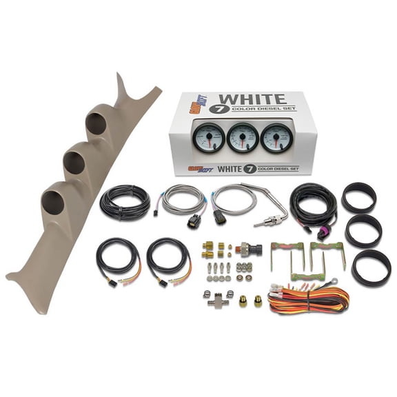 GlowShift | 1999-2007 Ford Super Duty 6.0 Powerstroke & 7.3 Powerstroke Tan Triple Pillar Pod with White 7 Color Series 60 PSI Boost Gauge, 1500 Pyrometer EGT Gauge & 100 PSI Fuel Pressure Gauge