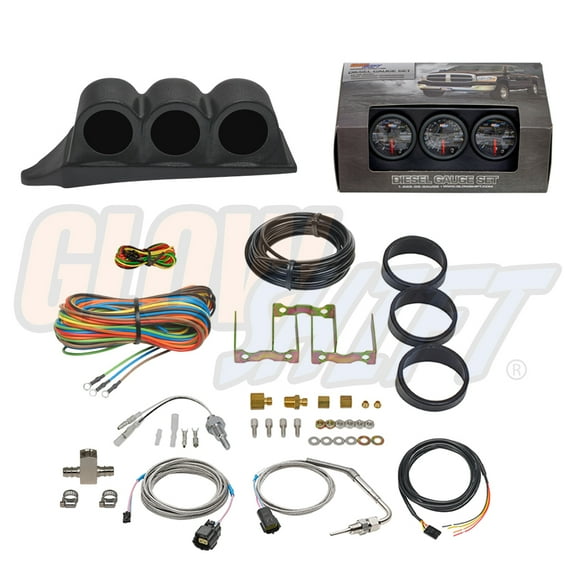 GlowShift 1999-2007 Ford Super Duty Power Stroke Triple Dashboard Gauge Package with Black 7 Color DS1 Gauge Set