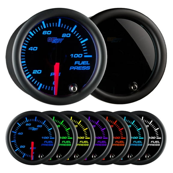 GlowShift | 2-1/16" (52mm) Tinted 7 Color Series 100 PSI Fuel Pressure Gauge for Cars and Trucks