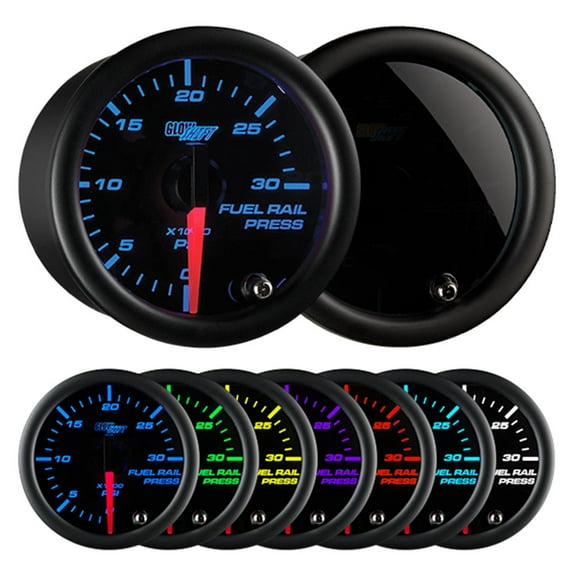 GlowShift | 2-1/16 (52mm) Tinted 7 Color Series 30,000 PSI Fuel Rail Pressure Gauge for Dodge Ram Cummins and GM Duramax