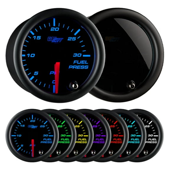 GlowShift | 2-1/16" (52mm) Tinted 7 Color Series 30 PSI Fuel Pressure Gauge for Cars and Trucks