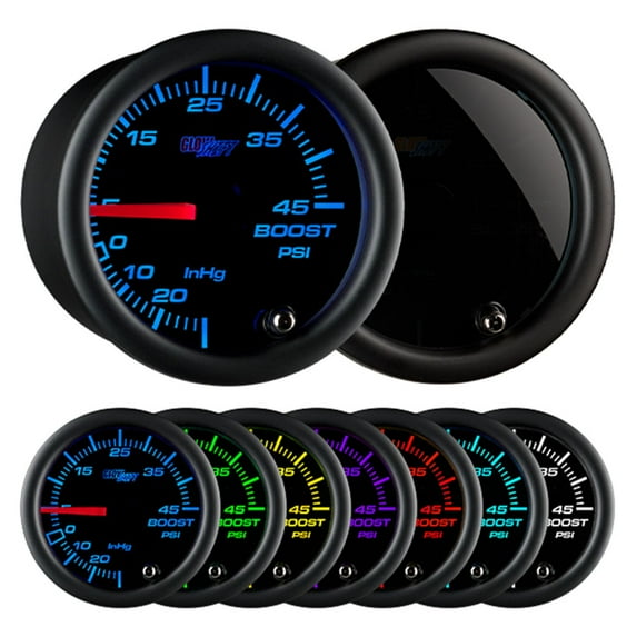 GlowShift | 2-1/16 (52mm) Tinted 7 Color Series 45 PSI Boost Vacuum Gauge for Cars and Trucks