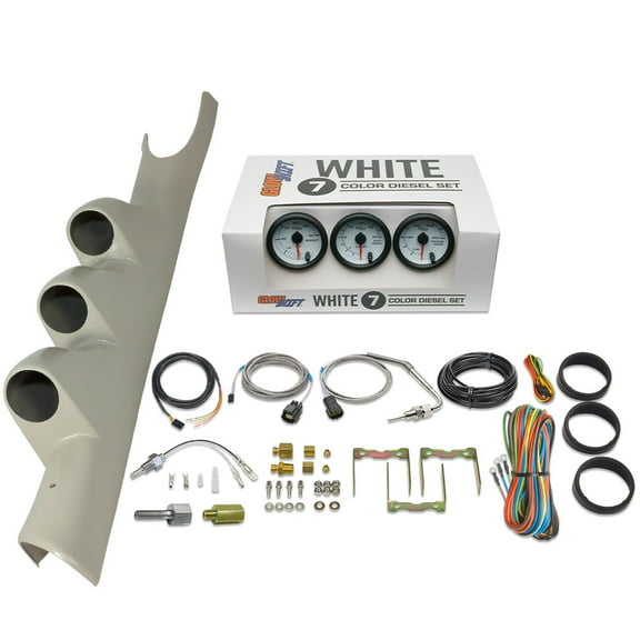 GlowShift | 3rd Gen 2003-2009 Dodge Ram 24 Valve Cummins Taupe Triple Pillar Pod with White 7 Color Series 60 PSI Boost Gauge, 2400 Pyrometer EGT Gauge & Transmission Temperature Gauge
