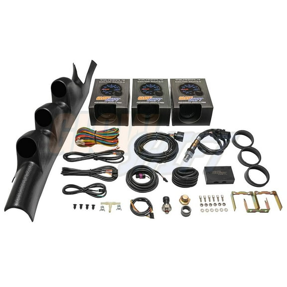 GlowShift | 2005-2014 5th Gen Ford Mustang Hardtop Black Triple Pillar Pod with Tinted 7 Color Series 30 PSI Boost Vac Gauge, 100 PSI Fuel Pressure Gauge & Digital Wideband Gauge
