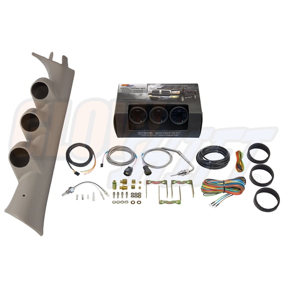 GlowShift | 2007-2013 Chevrolet Silverado 6.6 Duramax Tan Triple Pillar Pod with Speaker Cutout + Tinted 7 Color Series 60 PSI Boost Gauge, 1500F Pyrometer EGT Gauge & Transmission Temperature Gauge
