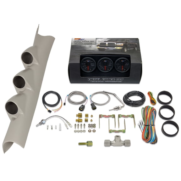 GlowShift | 2010-2018 Dodge Ram 6.7 Cummins Taupe Triple Gauge Pillar Pod with Black 7 Color Series 60 PSI Boost Gauge, 1500F Pyrometer EGT Gauge & Transmission Temperature Gauge