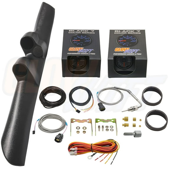 GlowShift | 2nd Gen 1998-2002 Dodge Ram 5.9 Cummins Black Full Size Dual Pillar Pod with Speaker Cutout and Black 7 Color Series 60 PSI Boost Gauge & 1500 Pyrometer EGT Gauge