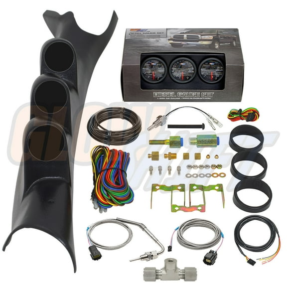 GlowShift | 3rd Gen 2003-2009 Dodge Ram 24 Valve Cummins Black Triple Pillar Pod with Black 7 Color Series 60 PSI Boost Gauge, 1500 Pyrometer EGT Gauge & Transmission Temperature Gauge