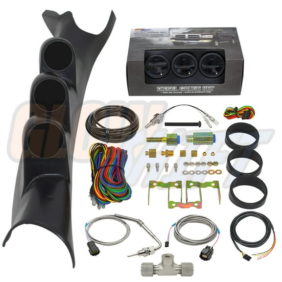 GlowShift | 3rd Gen 2003-2009 Dodge Ram 24 Valve Cummins Black Triple Pillar Pod with Tinted 7 Color Series 60 PSI Boost Gauge, 1500 Pyrometer EGT Gauge & Transmission Temperature Gauge