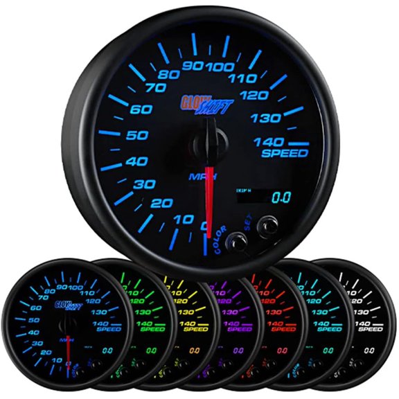 GlowShift Black 7 Color 140 MPH Speedometer Gauge - Mounts in Custom Dashboard - Resettable Trip Meter - Black Dial - Clear Lens - 3-3/4" 95mm