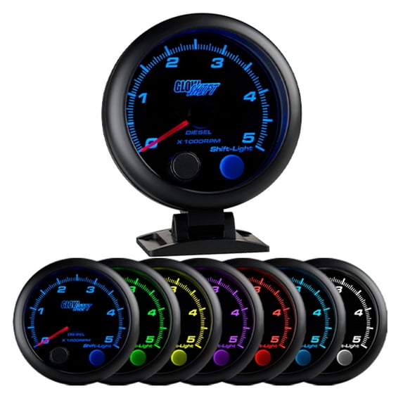 GlowShift Black 7 Color 3-3/4" Diesel Tachometer Gauge w Shift Light