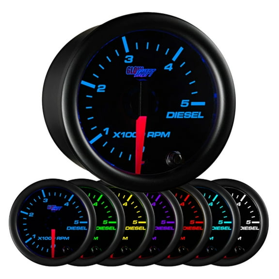 GlowShift Black 7 Color 5,000 RPM Diesel Tachometer Gauge